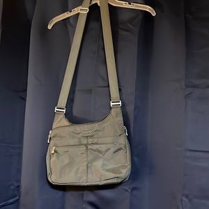 Gray Baggallini crossbody purse with RFID insert